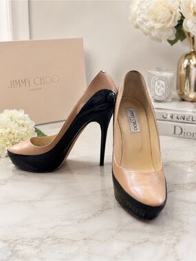 Jimmy Choo Nude & Black Leather Patent Platform Pumps EU 41 / US 10.5
